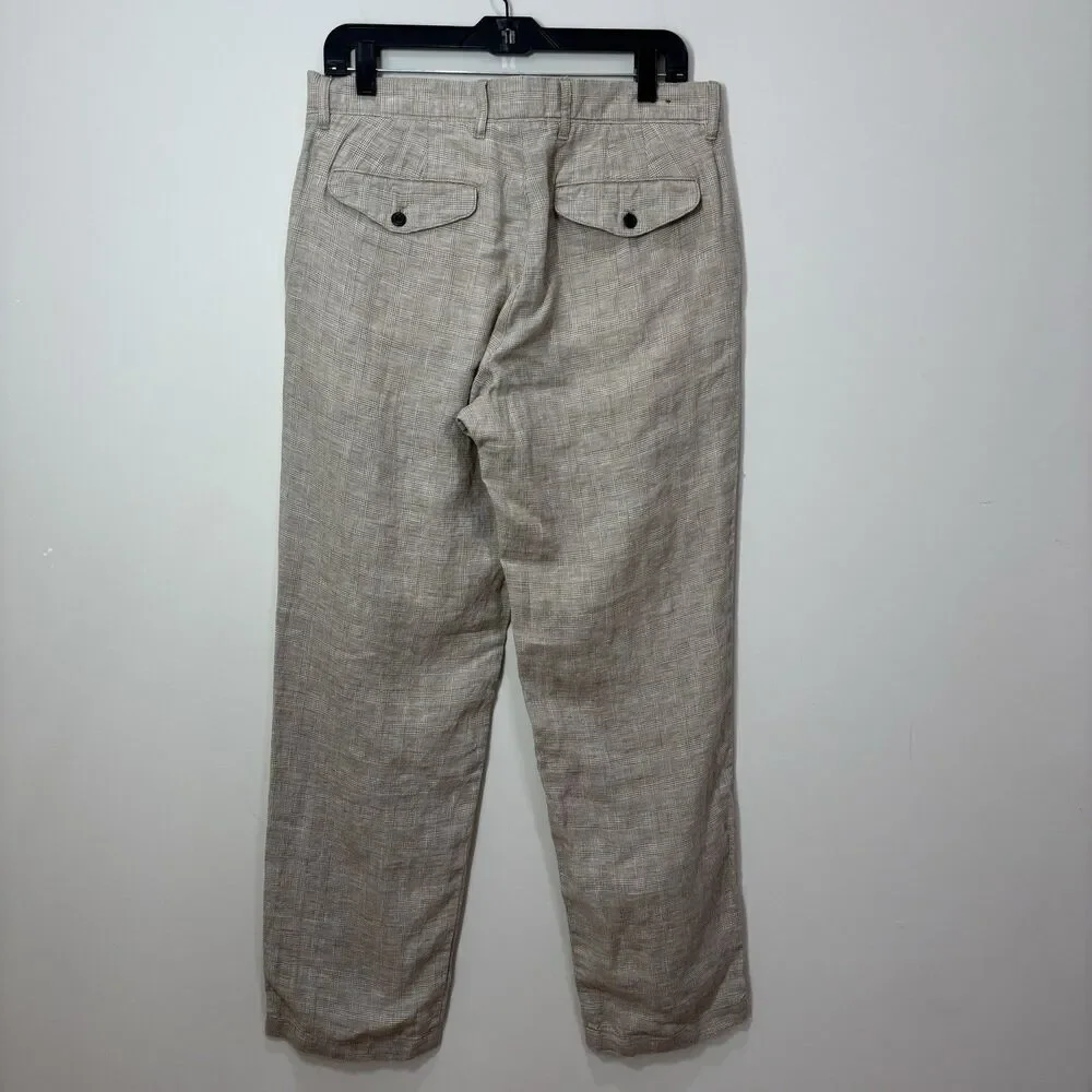J Crew Oarsman 100% Linen Plaid Pants Beige 31x30 Trousers Preppy Quiet Luxury